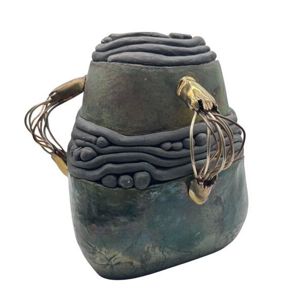 OOAK Raku Pottery Brass Art Vase Belly Dancer Series by Martha Prentiss 10"x8.5" - Picture 4 of 7